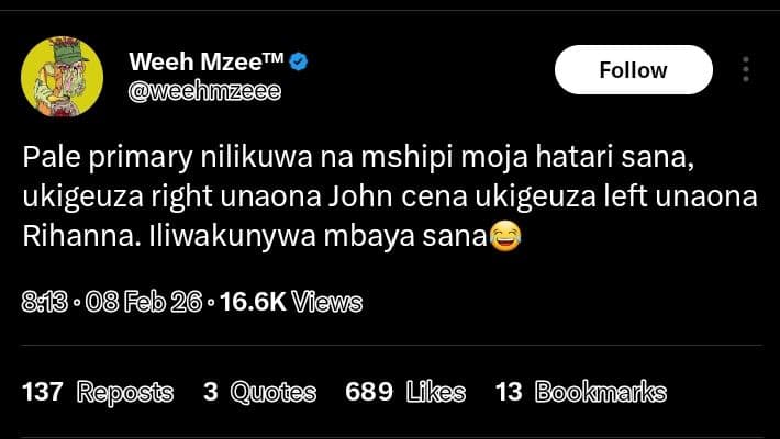 Weeh mzeetm hnzeee follow pale primary nilikuwa na mshipi moja hatari sana ukige