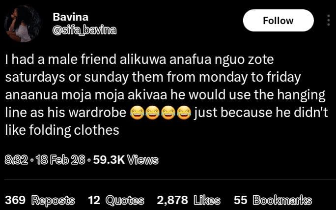 Bavina sifa_javina follow had a male friend alikuwa anafua nguo zote saturdays o