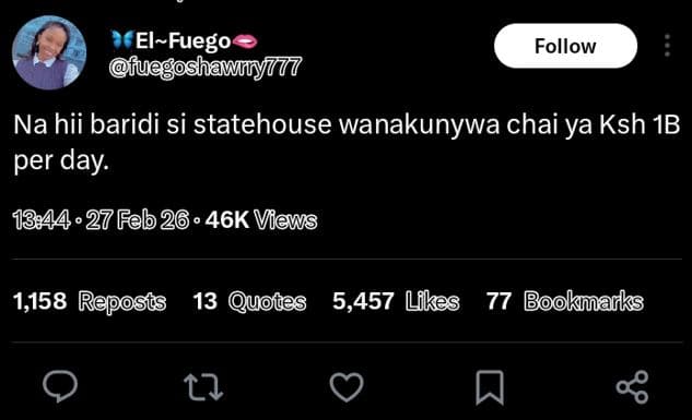 Elfuego fuegoshawny777 follow na hii baridi si statehouse wanakunywa chai ya ksh