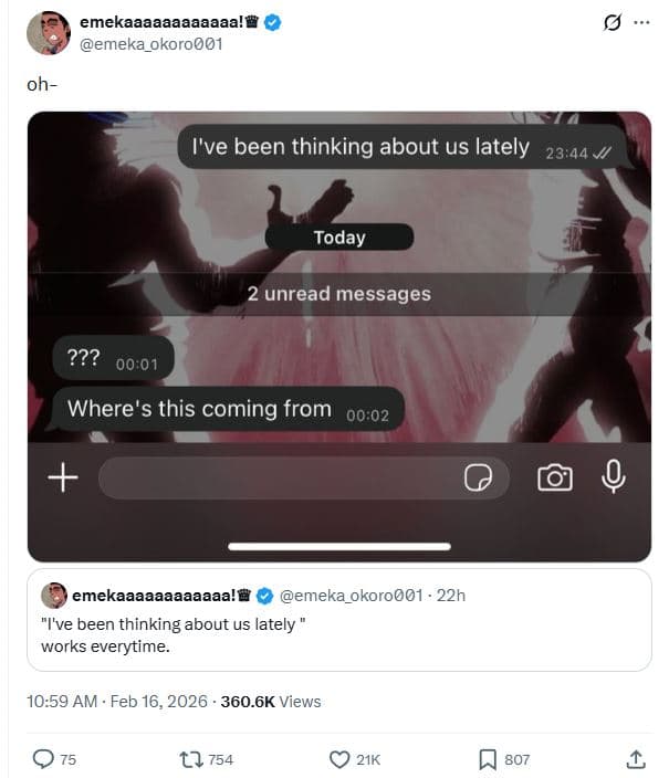 Emekaaaaaaaaaaaa'e emeka_okoro001 oh i've been thinking about us lately 2344 tod