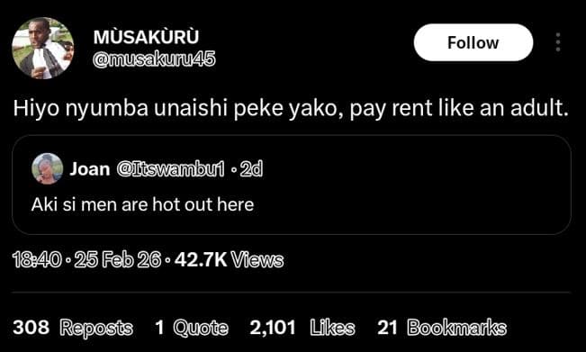 Msakur mmusakunu4s follow hiyo nyumba unaishi peke yako pay rent like an adult.