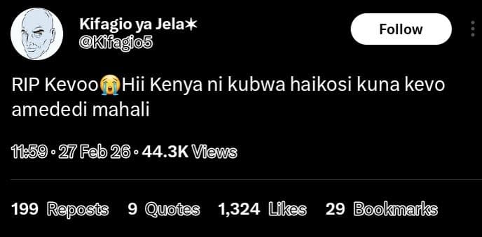 Kifagioya jela kf 1o5 follow rip kevoo hii kenya ni kubwa haikosi kuna kevo amed