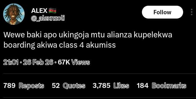 Alex alexnzol follow wewe baki apo ukingoja mtu alianza kupelekwa boarding akiwa