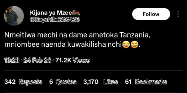 Kijana ya mzee ychild202426 follow nmeitiwa mechi na dame ametoka tanzania mniom