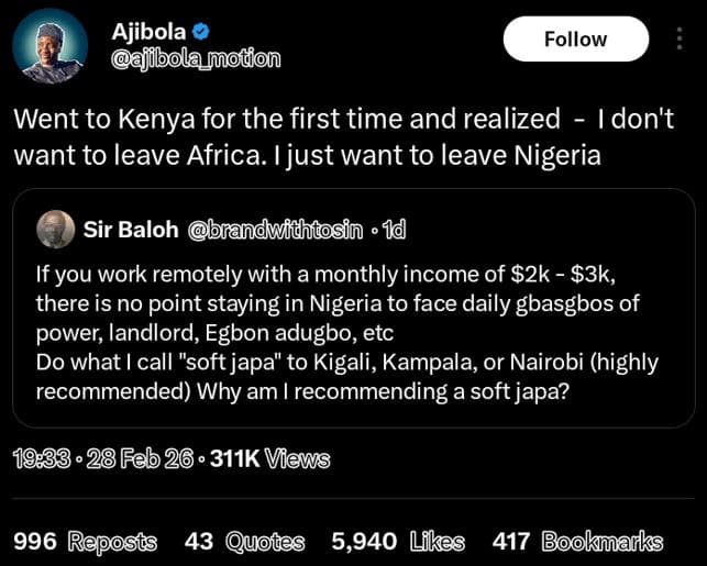 Ajibola ajibolamoton follow went to kenya for the first time and realized don't
