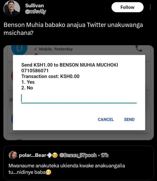 Sullivan lsvlly follow benson muhia babako anajua twitter unakuwanga msichana? m