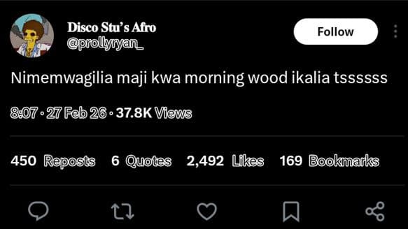 Disco stu's afro 'proly nan_ follow nimemwagilia maji kwa morning wood ikalia ts
