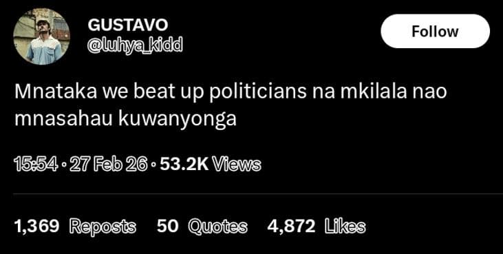Gustavo luhya_kidd follow mnataka we beat up politicians na mkilala nao mnasahau