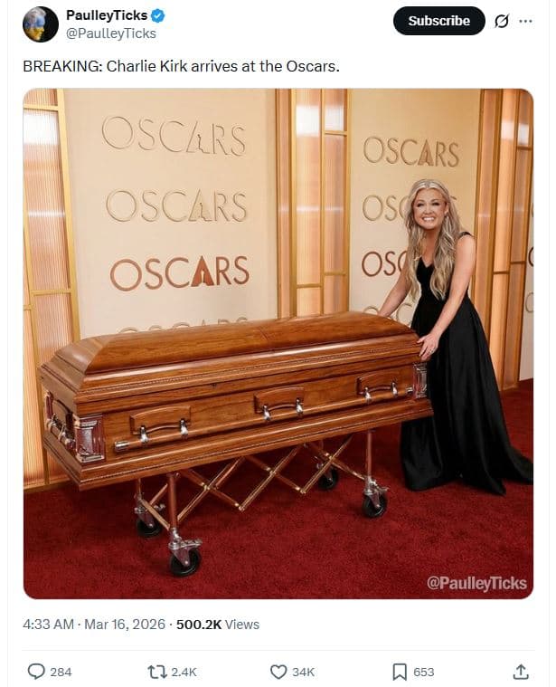 Paulleyticks paulleyticks subscribe breaking charlie kirk arrives at the oscars_