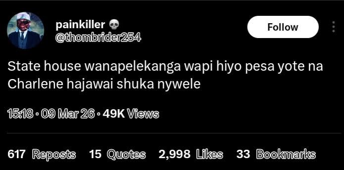 Painkiller thombrider254 follow state house wanapelekanga wapi hiyo pesa yote na