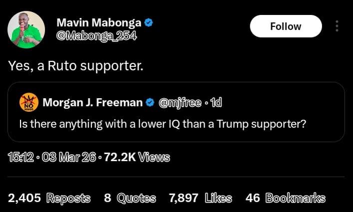 Mavin mabonga mabonga 254 follow yes, a ruto supporter. morgan j freeman ifree 1