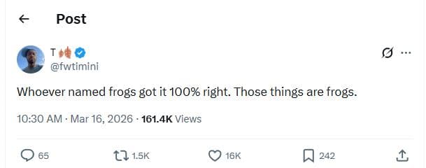 Post fwtimini whoever named frogs got it 100 right. those things are frogs . 10.