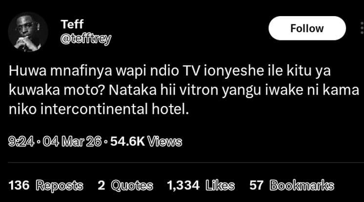 Teff mteffèiy follow huwa mnafinya wapi ndio tv ionyeshe ile kitu ya kuwaka moto