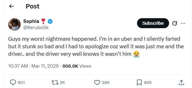 Post sophia kerubosk subscribe guys my worst nightmare happened. m in an uber an