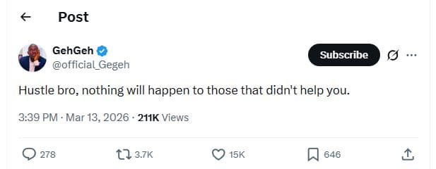 Post gehgeh official_gegeh subscribe hustle bro, nothing will happen to those th