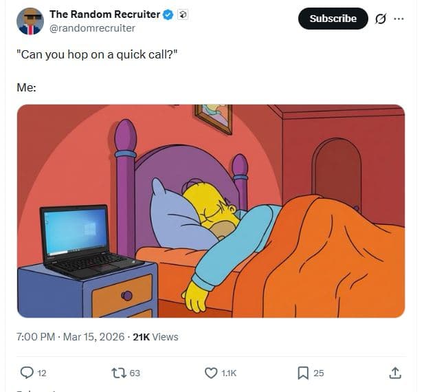 The random recruiter randomrecruiter subscribe 'can you hop on a quick call? me