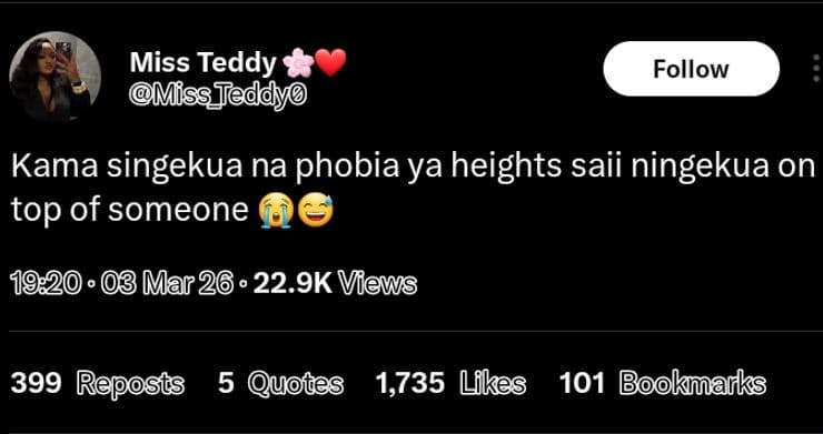 Miss teddy 'mfssjed follow kama singekua na phobia ya heights saii ningekua on t