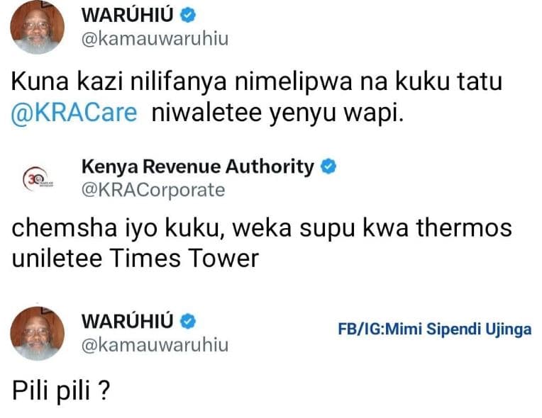Waruhiu kamauwaruhiu kuna kazi nilifanya nimelipwa na kuku tatu kracare niwalete