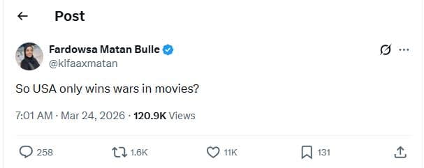 Post fardowsa matan bulle kifaaxmatan so usa only wins wars in movies? 701 am ma
