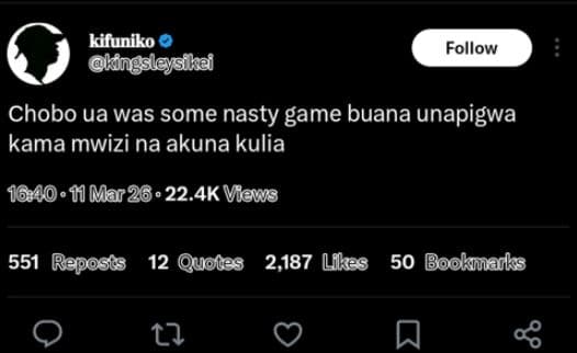Kifuniko kngsleyskail follow chobo ua was some nasty game buana unapigwa kama mw