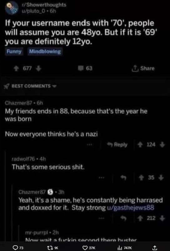 Showarthoushts woluto 0 oh if your username ends with '70' , people will assume