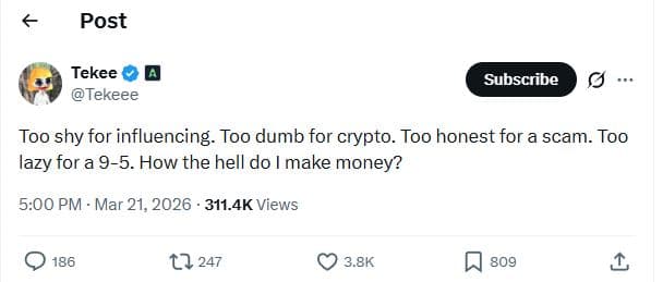 Post tekee tekeee subscribe too shy for influencing . too dumb for crypto. too h