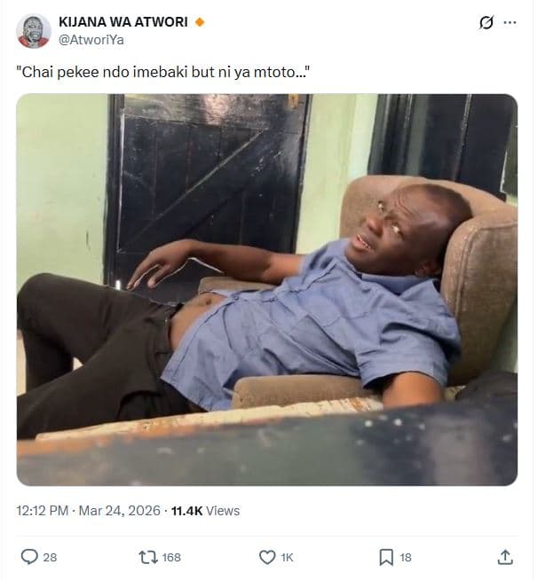 Kijana wa atwori atworiya chai pekee ndo imebaki but ni ya mtoto 12.12 pm mar 24