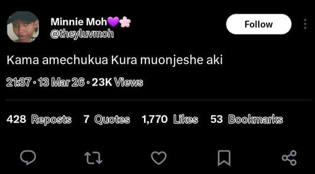 Minnie moh theyluvmmoh follow kama amechukua kura muonjeshe aki 13 mar 26. 23k v