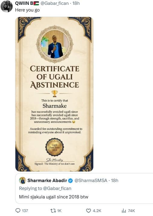 Qwiin b gabar_fican 18h here you g0 certificate of ugali abstinence this is to c