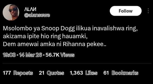 Almv llansewe follow msolombo ya snoop dogg ilikua inavalishwa ring, akizama ipi
