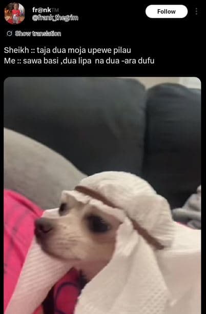 Frnk hanisihoin follow sh00 danslation sheikh 'taja dua moja upewe pilau me sawa