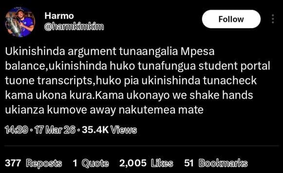 Harmo hanukimkim follow ukinishinda argument tunaangalia mpesa balance,ukinishin