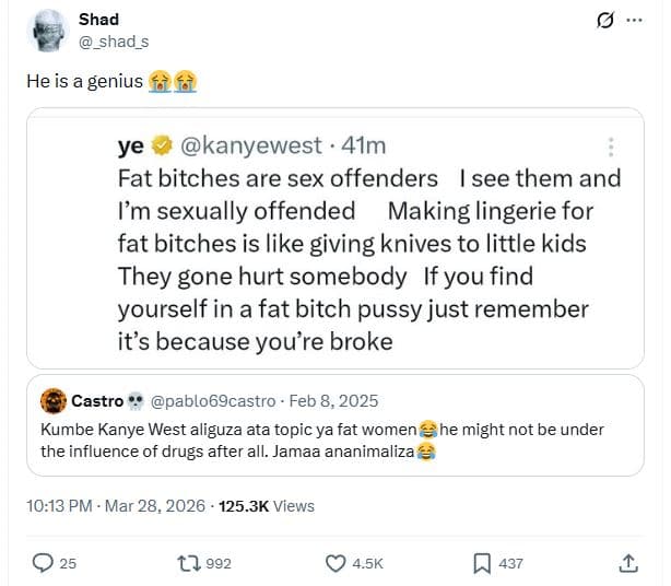 Shad shad_s he is a ' genius ye kanyewest 41m fat bitches are sex offenders see