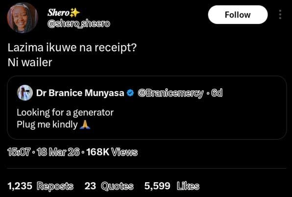 Shero sherosheero follow lazima ikuwe na receipt? ni wailer dr branice munyasa l