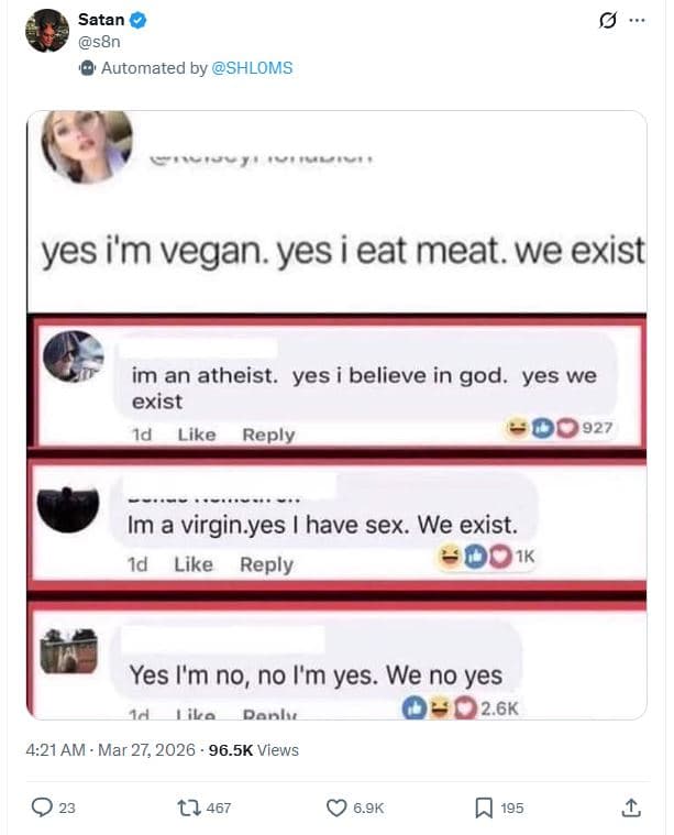 Satan s8n automated by shloms s '99y yes i'm vegan. yes ieat meat. we exist im a