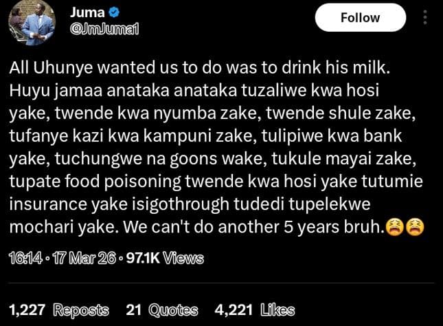 Juma ulumai follow ali uhunye wanted us to do was to drink his milk. huyu jamaa