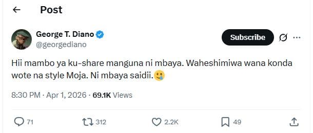 Post george t. diano georgediano subscribe hii mambo ya kushare manguna ni mbaya