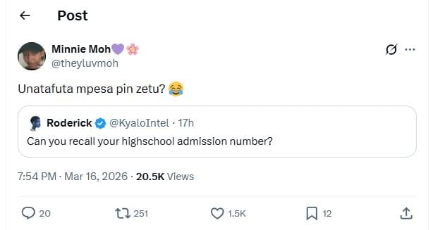 Post minnie moh thevluvmoh unatafuta mpesa pin zetu? roderick kyalointel 17h can