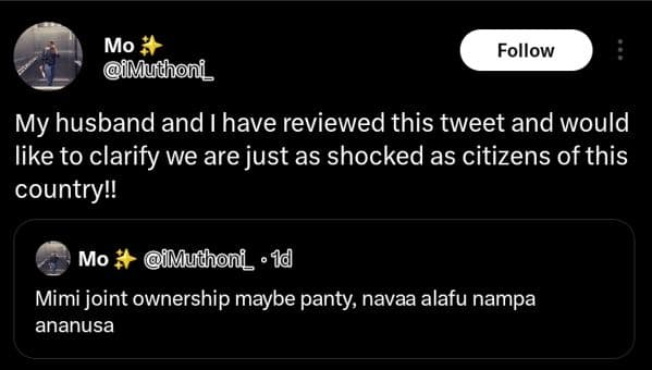 Mo immuthoni follow my husband and have reviewed this tweet and would like to cl