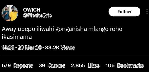 Owich piochebio follow away upepo iliwahi gonganisha mlango roho ikasimama .23 m