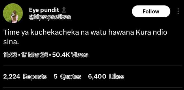 Eye pundit ppnopnedzen follow time ya kuchekacheka na watu hawana kura ndio sina