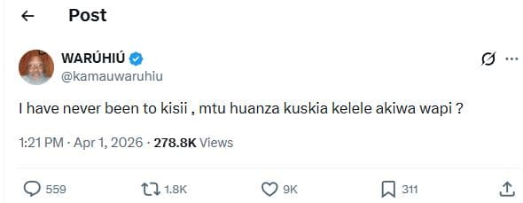 Post waruhiu kamauwaruhiu have never been to kisii mtu huanza kuskia kelele akiw