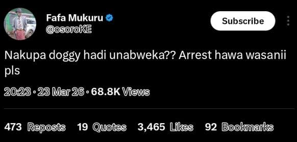 Fafa mukuru osoñoke subscribe nakupa doggy hadi unabweka?? arrest hawa wasanii p