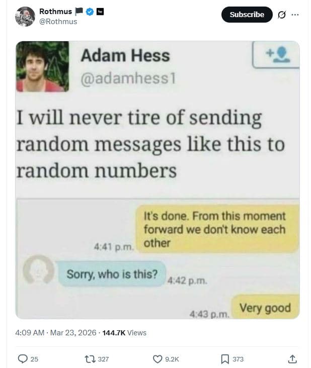Rothmus rothmus subscribe adam hess adamhess1 i will never tire of sending rando