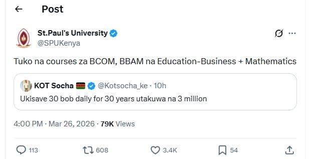 Post st. paul's university spukenya tuko na courses za bcom, bbam na educationbu