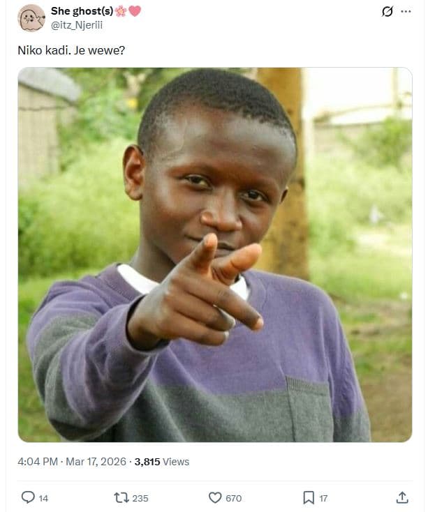 She ghosts itz_njeriii niko kadi.je wewe? 4.04 pm mar 17, 3,815 views 014 t2 235