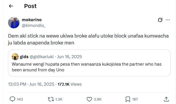 Post mokorino kimondio dem aki stick na wewe ukiwa broke alafu utoke block unafa