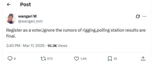 Post wangari m wangari_mm register as a voter,ignore the rumors of rigging polli