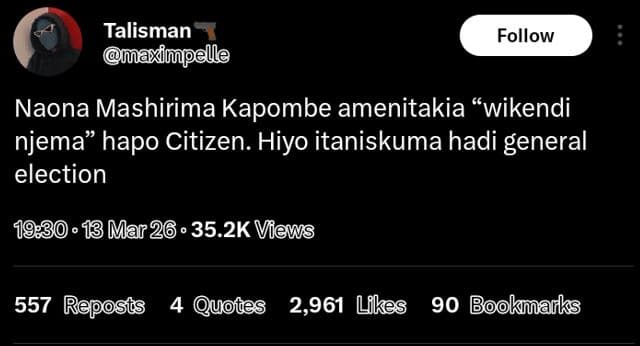 Talisman omaximmpelle follow naona mashirima kapombe amenitakia wikendi njema ha