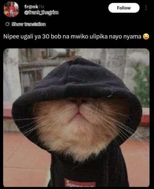 Frnktm flankfhegiim follow show tanshdon nipee ugali ya 30 bob na mwiko ulipika